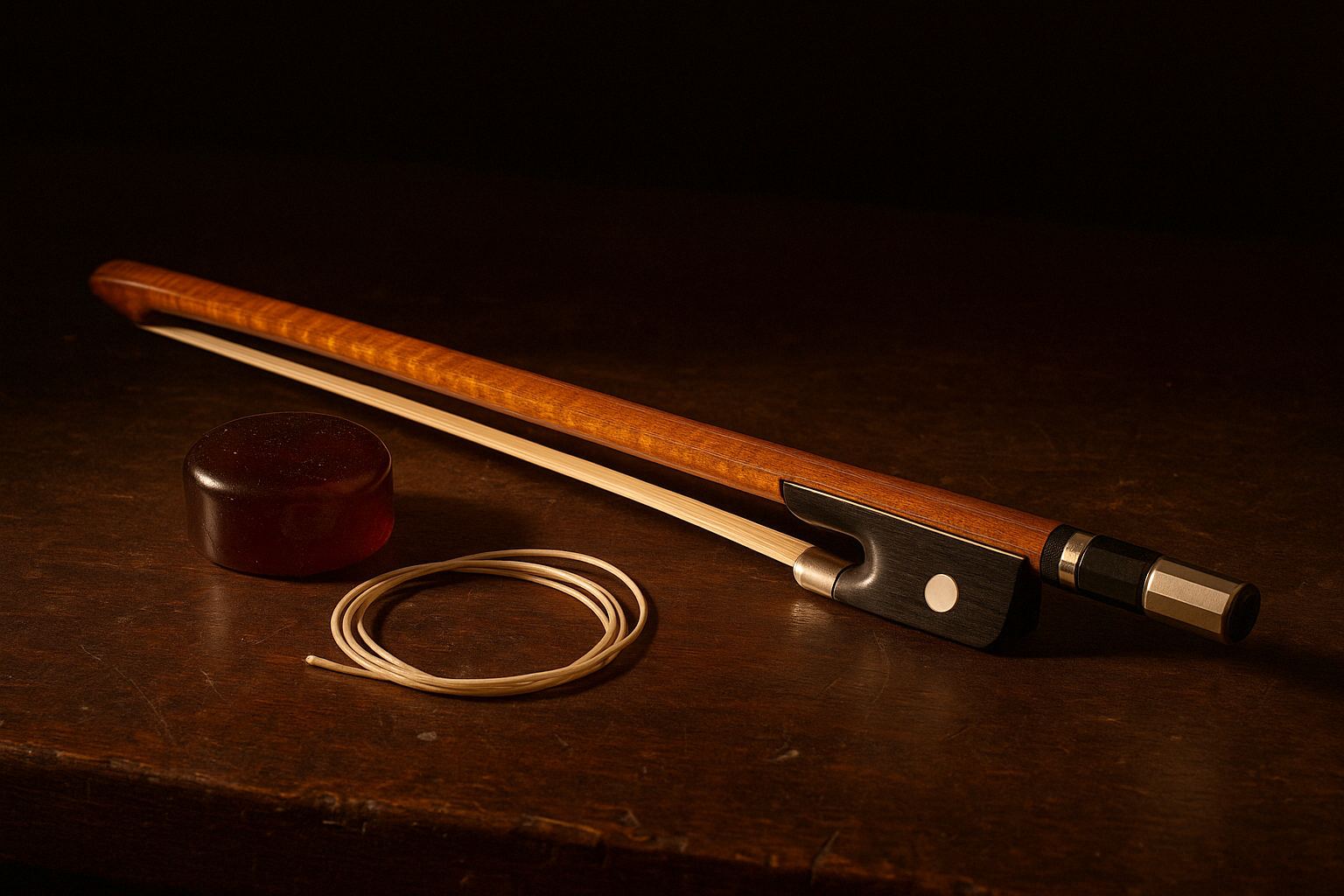A pernambuco bow, a cake of the bench’s own rosin, and a coiled set of strings on the dark workbench.