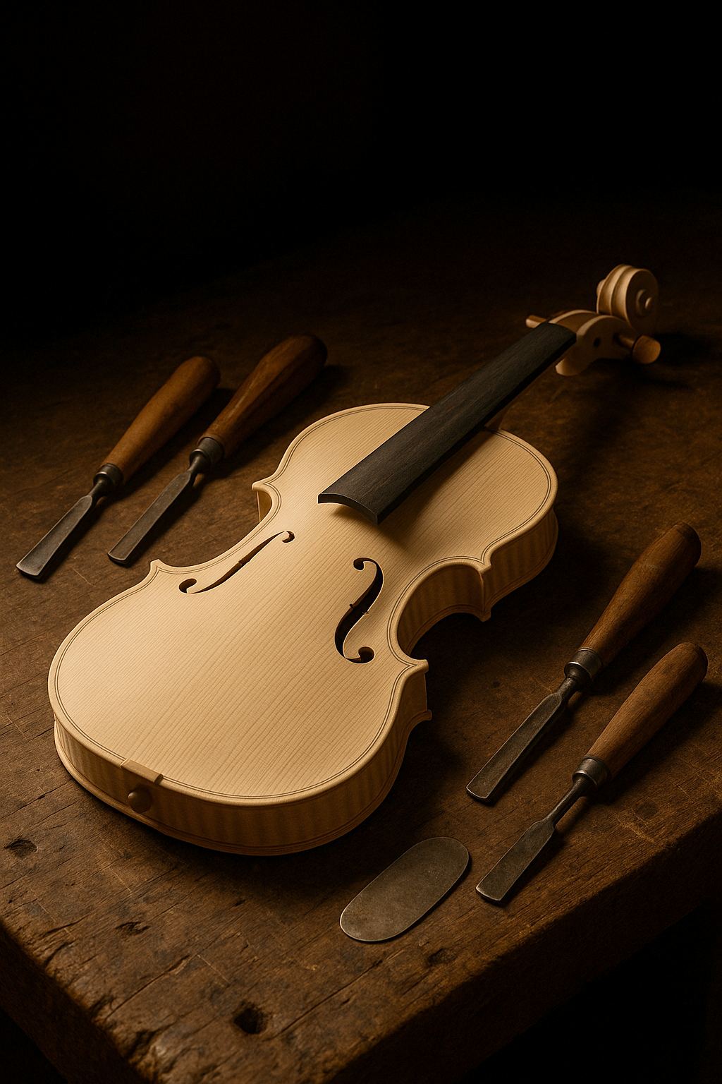 A violin in the white — unvarnished spruce and maple — resting on the workbench among gouges, lit by one warm bench lamp.