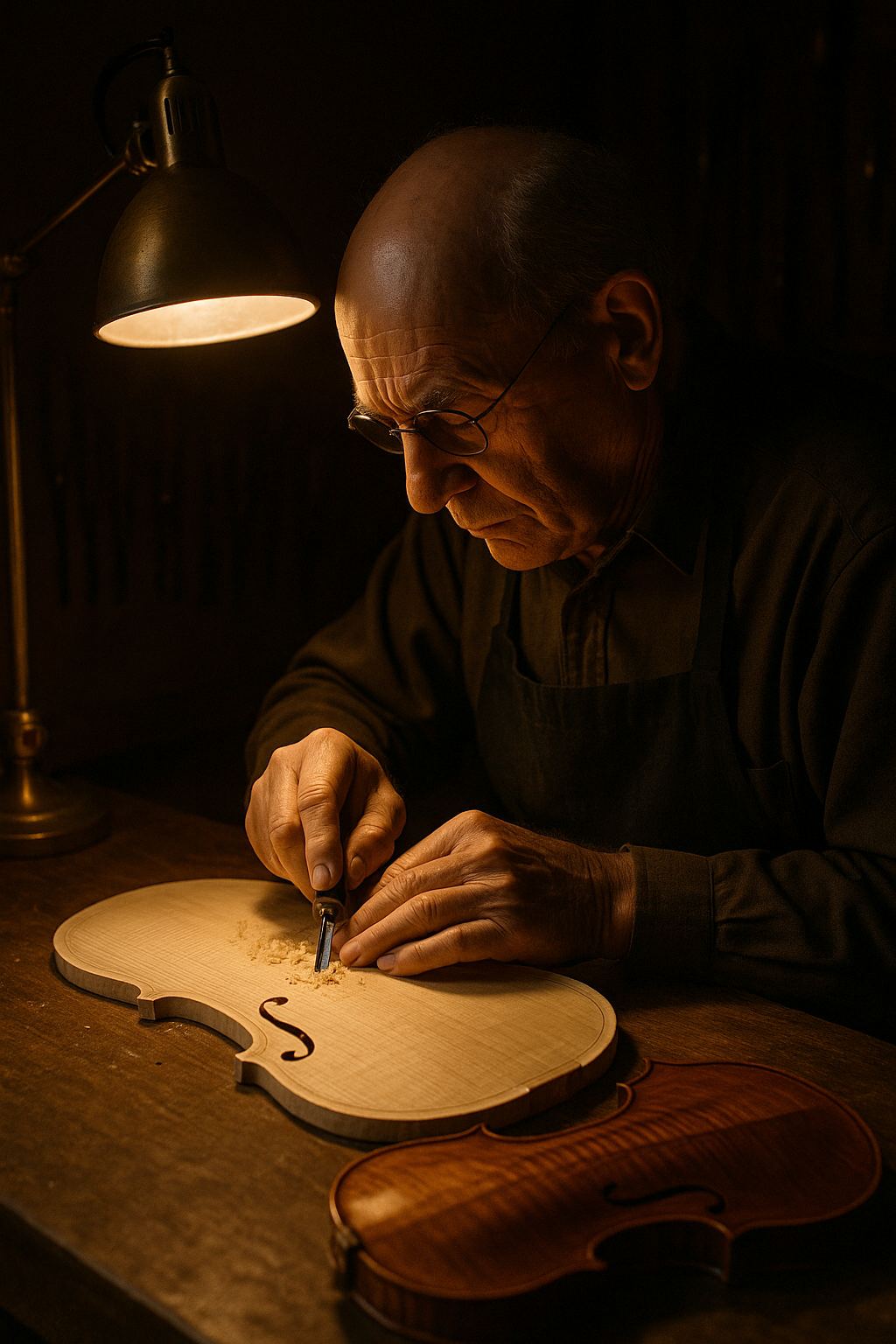 Tobia Ferraboschi bent over a spruce belly, a gouge in hand, his face lit by the bench lamp as he works the arching.