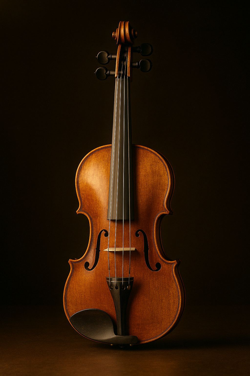 A finished violin under the varnish, the flamed maple back turned to the lamp.