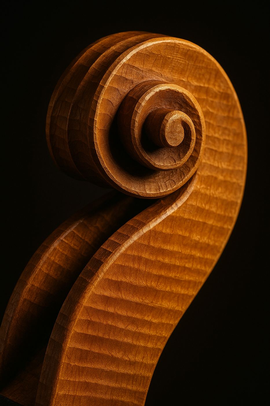 The carved scroll of a violin — the volute at the peg-box, flamed maple raking under one warm light.